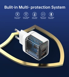 Choetech PD6052 USB-C USB-A PD 35W GaN wall charger with display - white