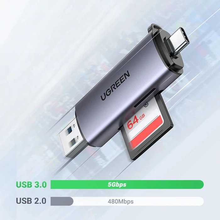 Ugreen czytnik kart SD / micro SD na USB 3.0 / USB Typ C 3.0 szary (50706) CM185
