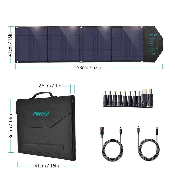 Choetech large foldable solar charger 80W solar photovoltaic USB Type C (Power Delivery) / 2x USB (Quick Charge / 2,4A) (158 x 41 cm) black (SC007)