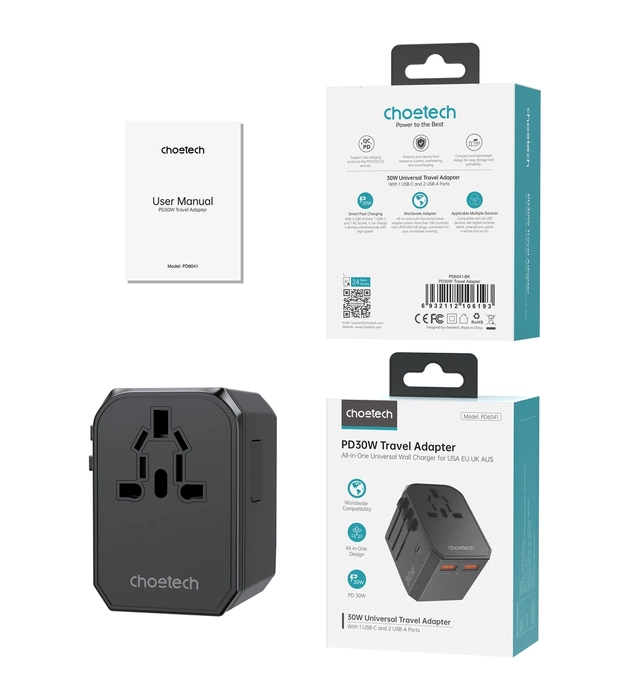 Choetech PD6041 USB-C USB-A PD 30W Travel Charger with 4 US EU UK AU Plugs - Black