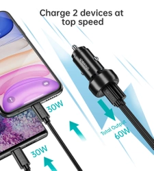 Choetech TC0014 USB-C USB-A PD 60W car charger with LED backlight - black