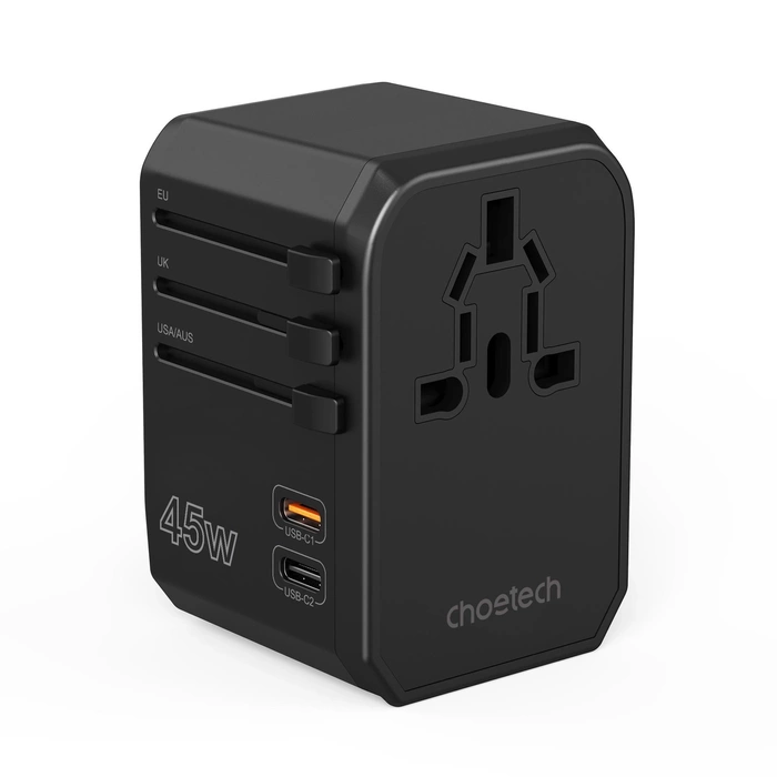 Choetech PD6045 USB-C USB-A 45W GaN Travel Charger with US EU UK AU Plugs - Black