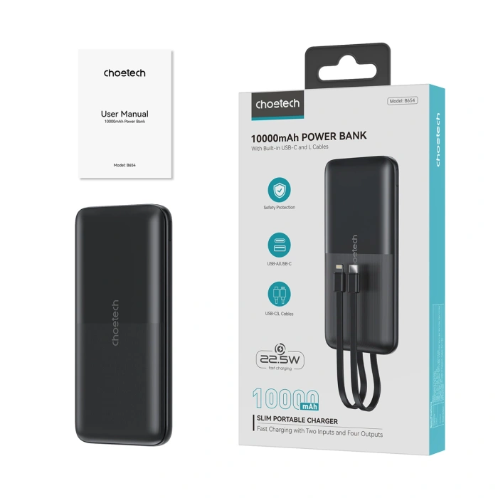 Choetech Powerbank B654 10000mAh 22.5W USB-A / USB-C / micro USB with built-in cable USB-C / Lightning - black