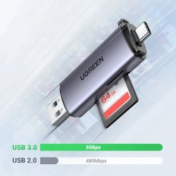Ugreen czytnik kart SD / micro SD na USB 3.0 / USB Typ C 3.0 szary (50706) CM185