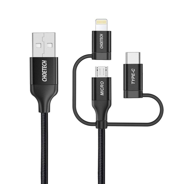 Choetech 3in1 cable USB MFI Lightning / USB Type C / micro USB (3A charging / 480 Mbps data transfer) 1.2 m black (IP0030-BK)