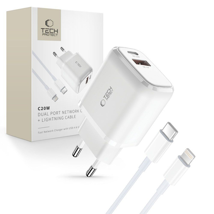 TECH-PROTECT C20W 2-PORT NETWORK CHARGER PD20W/QC3.0 + LIGHTNING CABLE WHITE