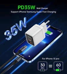 Choetech PD6052 USB-C USB-A PD 35W GaN wall charger with display - white