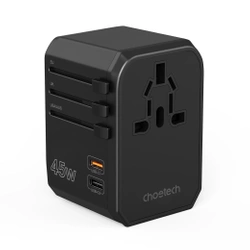 Choetech PD6045 USB-C USB-A 45W GaN Travel Charger with US EU UK AU Plugs - Black