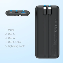 Choetech Powerbank B654 10000mAh 22.5W USB-A / USB-C / micro USB with built-in cable USB-C / Lightning - black