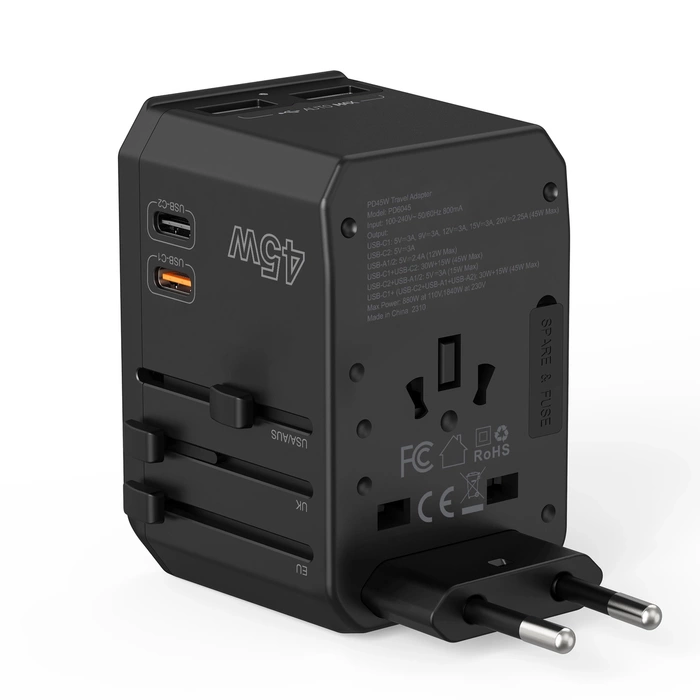 Choetech PD6045 USB-C USB-A 45W GaN Travel Charger with US EU UK AU Plugs - Black
