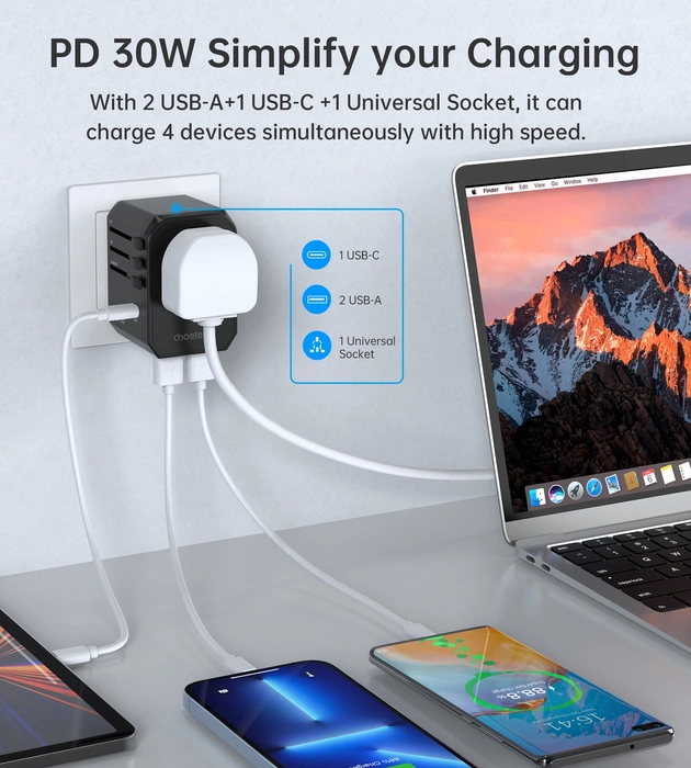 Choetech PD6041 USB-C USB-A PD 30W Travel Charger with 4 US EU UK AU Plugs - Black
